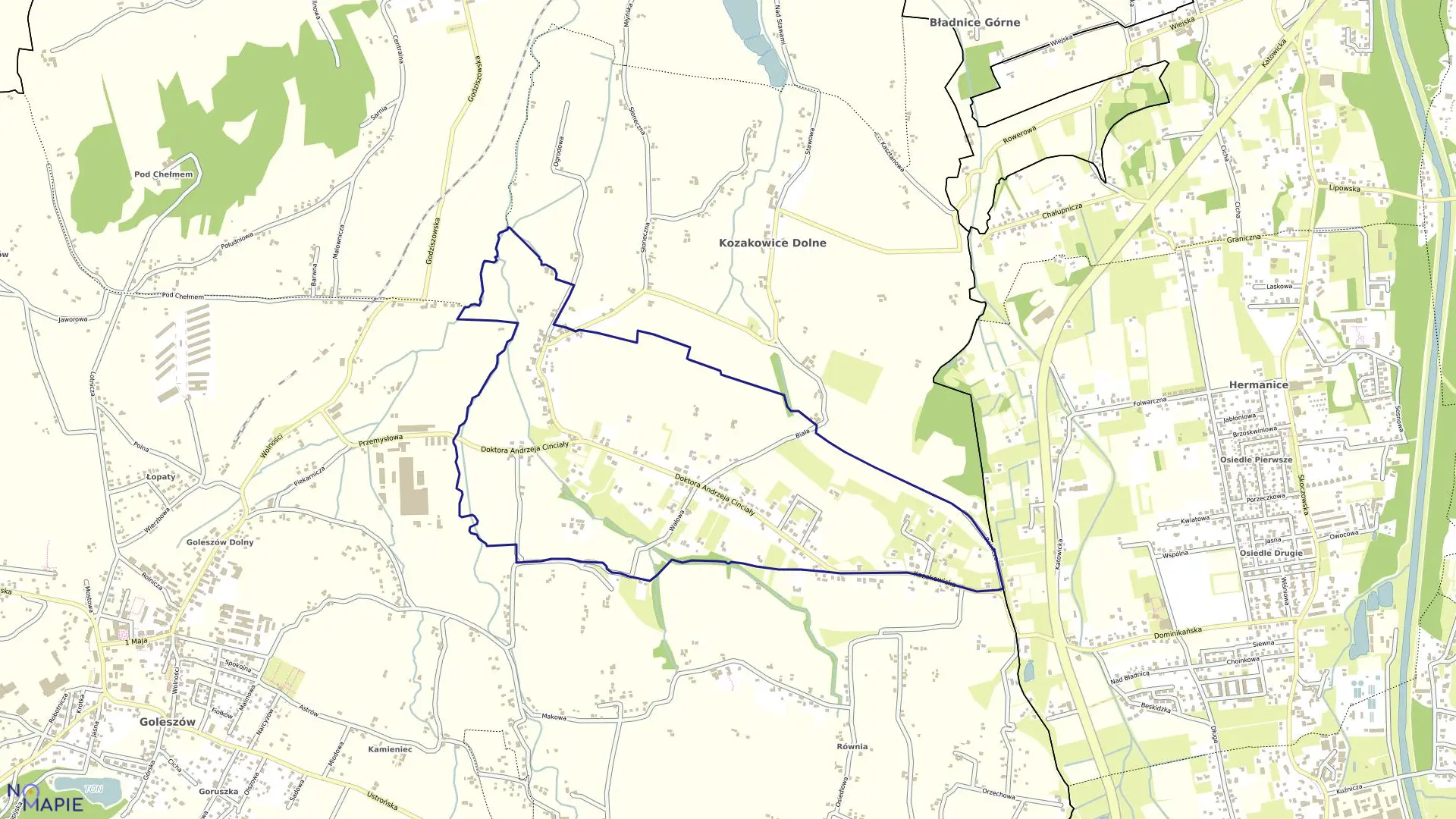 Mapa obrębu KOZAKOWICE GÓRNE w gminie Goleszów